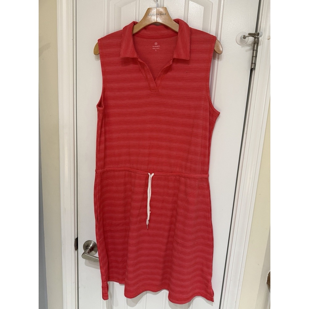 T by Talbots Women's L Red Striped Sleeveless Polo Dress Drawstring Pockets.5329
